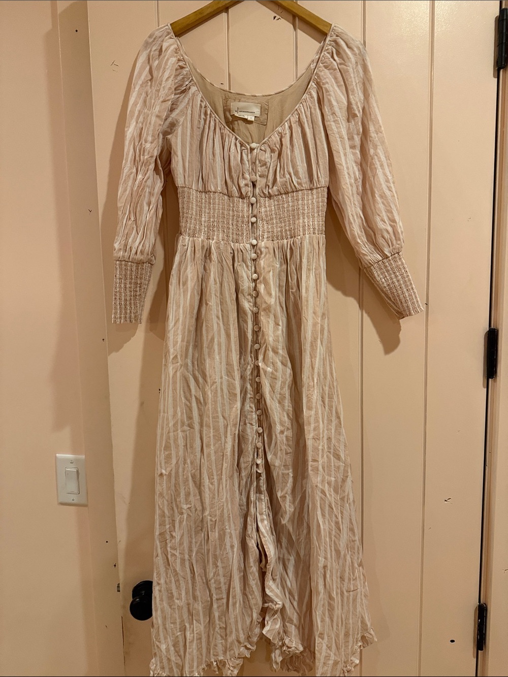 Anthropologie Blush Cream Button-Front Smocked Maxi Dress